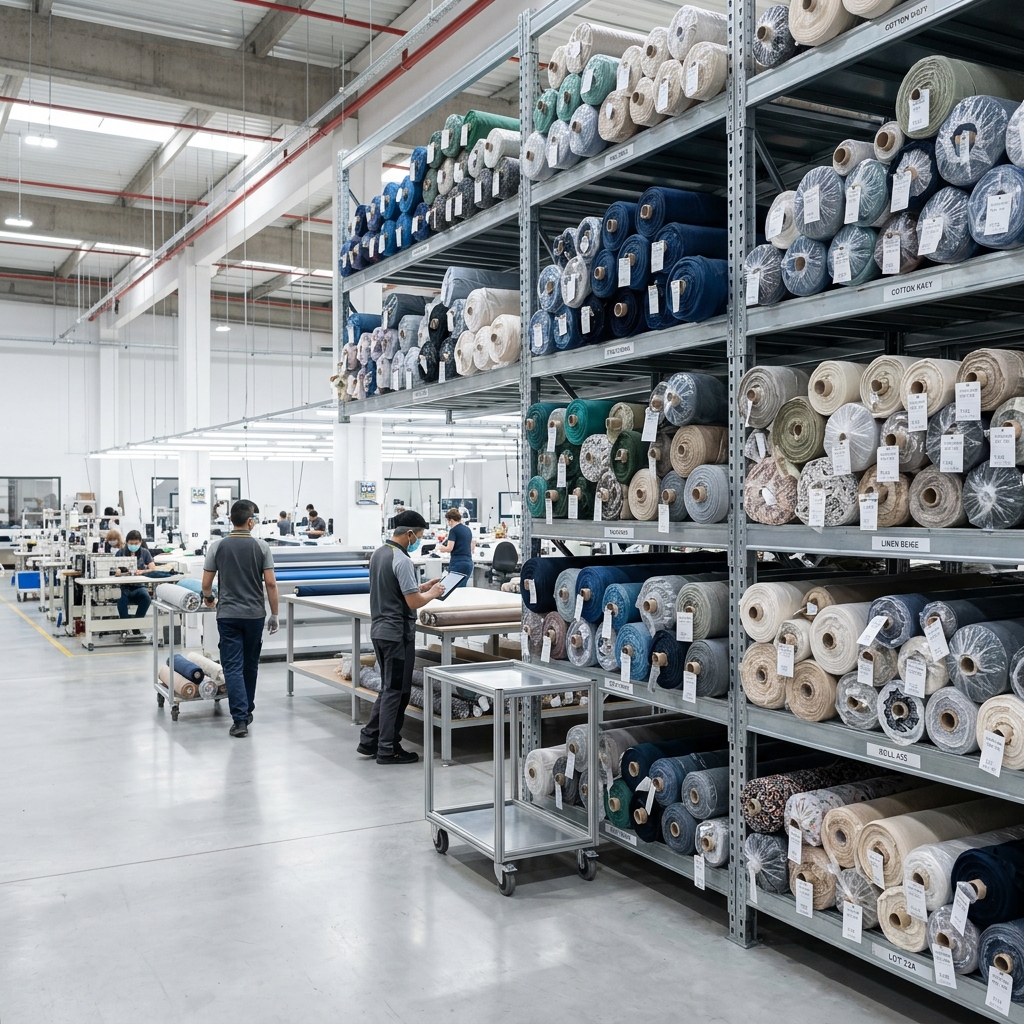 Modern garment production floor and fabric rolls